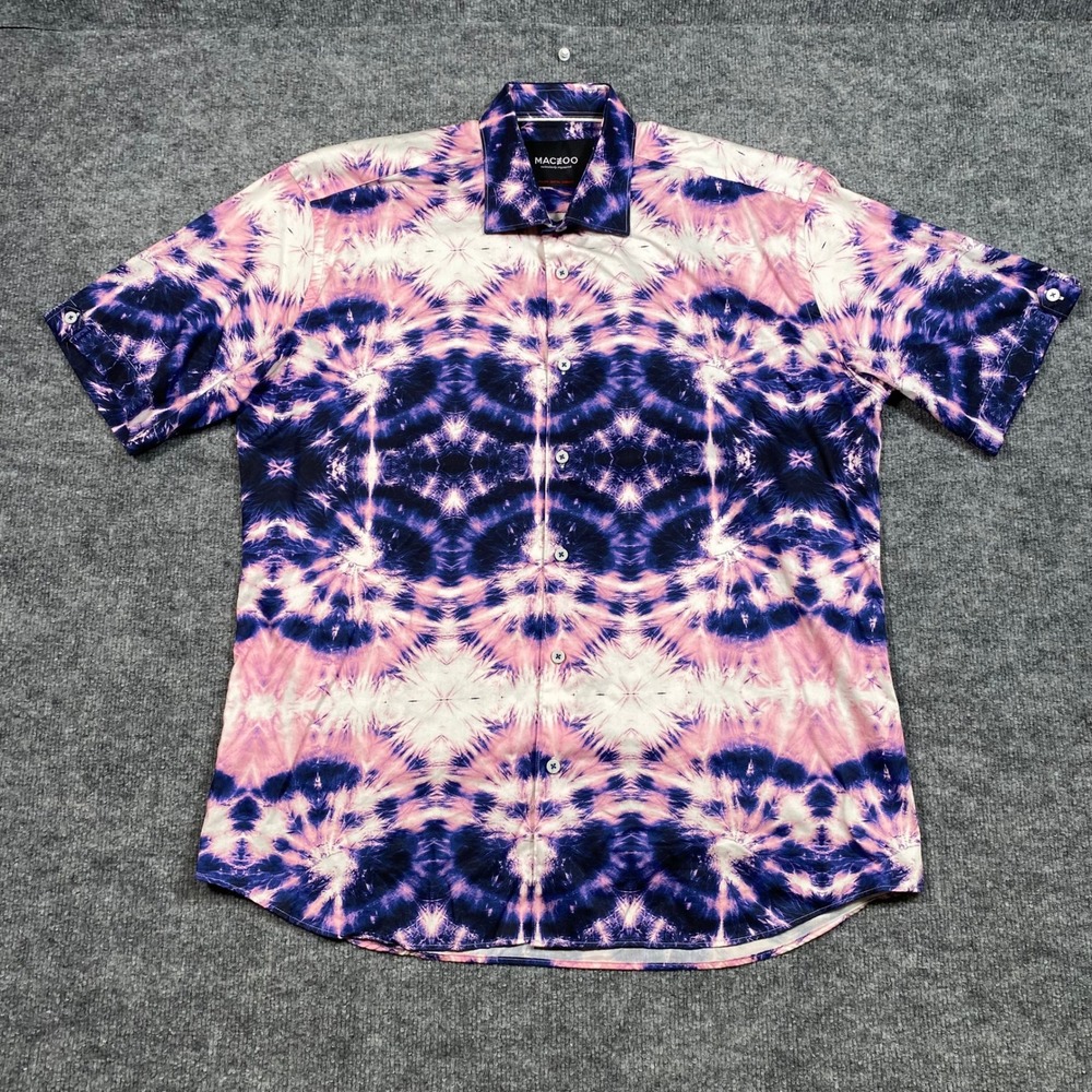 Maceoo Mens Tie Dye Short Sleeve Button Down Shirt Purple Pink XL Italian Fabric